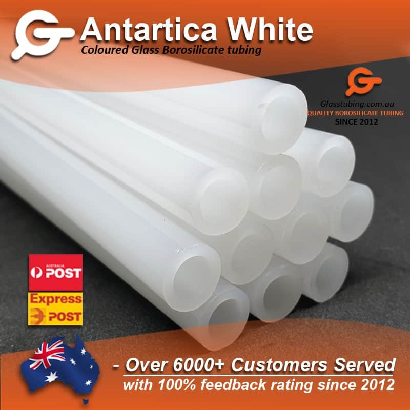 Antartica White coloured borosilicate glass tubing, demonstrating pristine clarity for glass pipes, provided by Glasstubing.com.au.