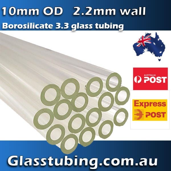 10mm outer diameter, 2.2mm wall thickness borosilicate 3.3 glass tubing from Glasstubing Australia with national and express delivery icons.