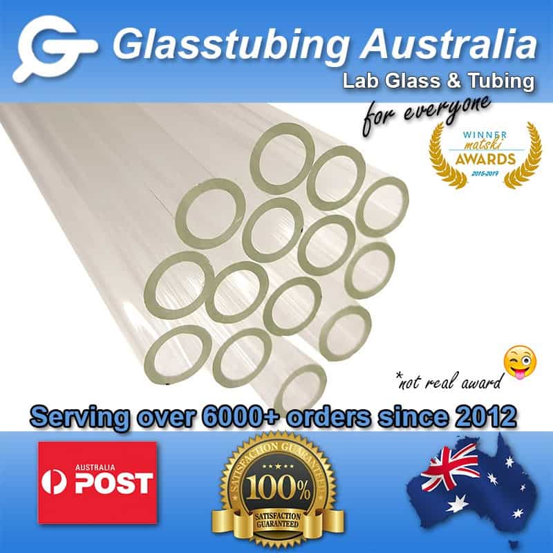 Assortment of high-quality borosilicate glass tubes by Glasstubing Australia, suitable for laboratory use.